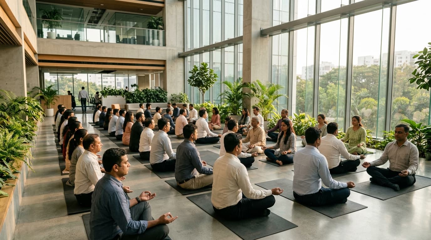 Professionals in a calm group meditation session inside a bright modern Indian workplace